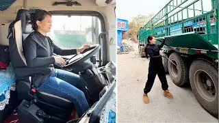 Female Truck Driver Tian Na on a Long-Haul Journey Delivering Bundled Bagged Cargo