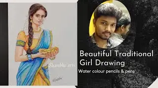 Beautiful young Traditional Girl Drawing | Girl in half saree drawing | water colour pencils & pens