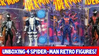 Unboxing Marvel Legends Spider-man Retro Card Figures - Spider Venom, Cardiac, 2099, & Uncanny 