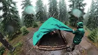 Hiking in the forest, I got caught in heavy rain and set up a small tent for shelter...