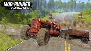 Spintires: MudRunner - DT 75 Old Tractor With Trailer Driving Through Road Collapse