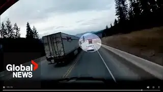 Dangerous, illegal pass by semi-truck on BC's Highway 5 caught on video