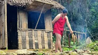 Female CEO into the forest discovered abandoned fish pond, Catch fish grill eat  in nature 