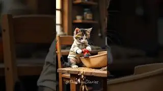 Tiny Kitten Carpenter: Boba Sanding Her Wooden Boat with Care 🛠️🐾
