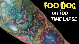 Tattoo time lapse - Foo Dog Colored Tattoo (with Star of life symbol )
