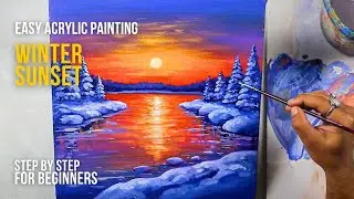 Easy Winter Sunset Acrylic Painting | Snow River Reflection | Step by Step for Beginners