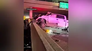 Pickup truck launches off overpass in violent 210 crash