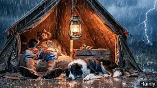 Camping in Heavy Rain with My Dogs | Sleeping on a Cozy Bench on The Porch | Rain