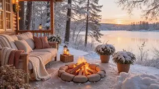 Winter Riverside Cabin Porch Campfire ❄️🔥 Crackling Fire, River & Relaxing Piano Music
