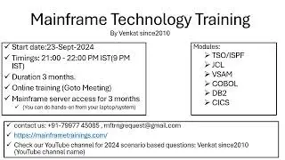 Mainframe Technology Training from 23-Sept-2024