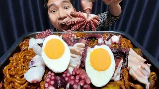 mukbang black bean noodles , octopus