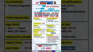 BEL Trainee Engineer I Recruitment 2025 &ndash; Apply Online for 610 Posts #shorts #job #govtjobs #psujobs
