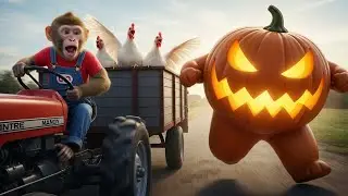 Monkey CO Drives the Bulldozer to Rescue Chickens from Giant Pumpkin on Halloween 🐒🚜