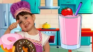 Emma pretend play with toy kitchen and preparing waffles donuts and milkshake