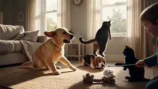 cats and dogs play at home