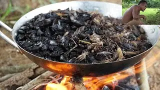 COOKING WATER BEETLE, CRICKET AND EATING | this man eats cricket and water beetle very yummy
