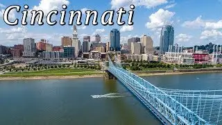 Drone's view of the Cincinnati skyline from the riverfront (4K)