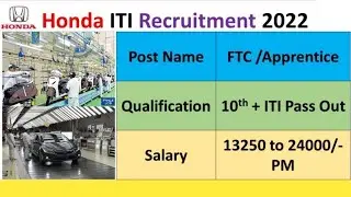 Honda Job Requirement 2022 | Honda Campus Placement ITI Pas Only #honda #hondacar #hondacarjob