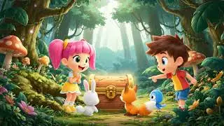 kid-friendly anime scene set in a magical forest