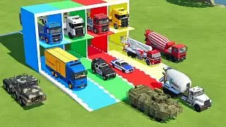 TRANSPORTING MERCEDES MINI BUS, VOLKSWAGEN POLICE, FORD POLICE, MERCEDES FIRE TRUCK TO GARAGE | FS22
