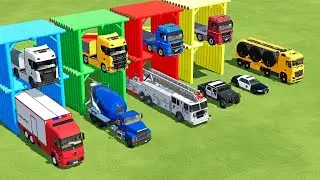 TRANSPORTING MERCEDES MINI BUS, VOLKSWAGEN POLICE, FORD POLICE, MERCEDES FIRE TRUCK TO GARAGE | FS22