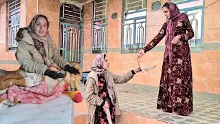 Pregnant Fatima works in the village to survive the winter