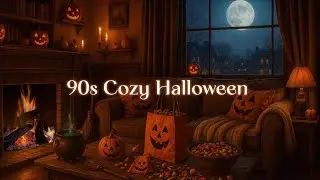 90s Cozy Halloween Ambience 🎃 Nostalgic Living Room with Fireplace, Full Moon & Trick-or-Treat Vibes