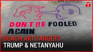 Drone footage of Tel Aviv beach installation depicts long-nosed Netanyahu and Trump