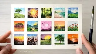 Painting 15 TINY Watercolor Landscape in One Go || One brush only