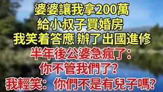 婆婆讓我拿200萬給小叔子買婚房，說養老靠他。我笑着答應，轉頭辦了出國進修，半年後公婆急瘋了：你不管我們了？我輕笑：你們不是有兒子嗎？#婚姻#爽文#情感故事#女性逆襲#深夜故事