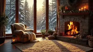 Cozy Sunlit Winter Cabin | Crackling Fireplace 🔥 Snowy Forest Ambience for Relax & Sleep