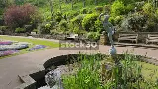 Drone Shot Of Statue In Centre Of Water Feature, Italian Gardens, Scarborough, UK 1