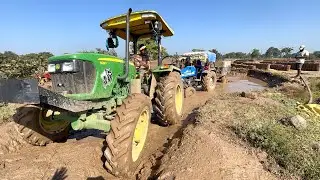 Sonalika Tractor with Trolley Loaded Badly Stuck in Mud Pulling by John Deere 5210 4WD 