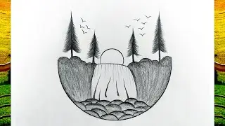 Drawing ideas |  Waterfall Scenery drawing in half circle