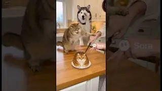 She Cuts a Cat Cake, and the Real Cat and Husky Freak Out! 🙀 #shorts