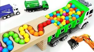 Marble Run Race ☆ HABA Slope & Retro Makita Truck, Excavator, Garbage Truck, Dump Truck,