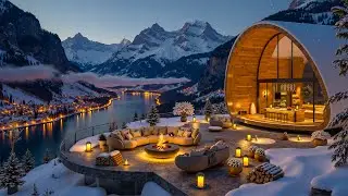 Warm Fireplace Jazz at a Winter Snowy Mountain Retreat ❄️ Cozy Caf&eacute; Terrace for Calm Night & Rest ☕