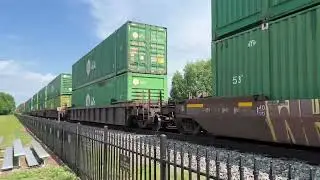 Union Pacific intermodal stack train with an almost fouled K3LA horn