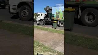 Yellow lid recycling bins emptied by fab side loader #garbagetruck