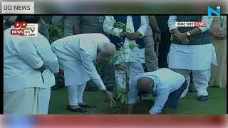 PM Modi plants saplings at Parliament House in New Delhi