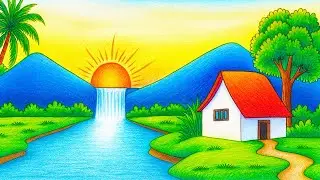 How to Draw Beautiful Village Scenery Step by Step | Sunset, Waterfall & House Drawing for Beginners