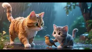 🐱🐦🌧️ Мама-кошка и котёнок спасают птенца во время ливня | Детские стишки и песенки