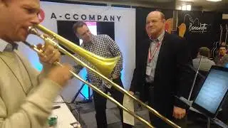 Kevin Hicks tests a B.A.C. Trombone