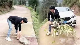 The kind driver cleared road obstructions and set up warning signs.#funny#comedy