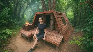 Young Girl Building Survival Wooden Bushcraft Shelter In Forest | Safe From Wild Dogs