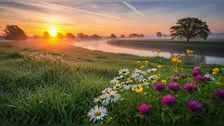 Misty Sunrise Over River & Wildflower Meadow | Relaxing Nature Sounds for Calm & Sleep