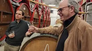 Frank Boon (right) and son Karel Boon (left) of Brouwerij Boon talk about lambic in February 2023.