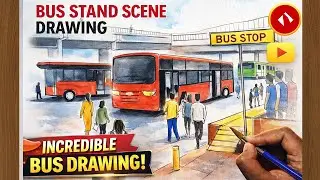 Bus stand drawing with watercolors | bus stop drawing easy