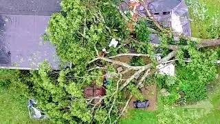 08-18-2023 Stoughton, MA - Aerial Video - Tornado Warning- Large Tree On House & Street Flooding