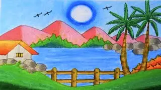 How to Draw a Beautiful Village Scenery Drawing | Easy Landscape Drawing with Color | Step by Step